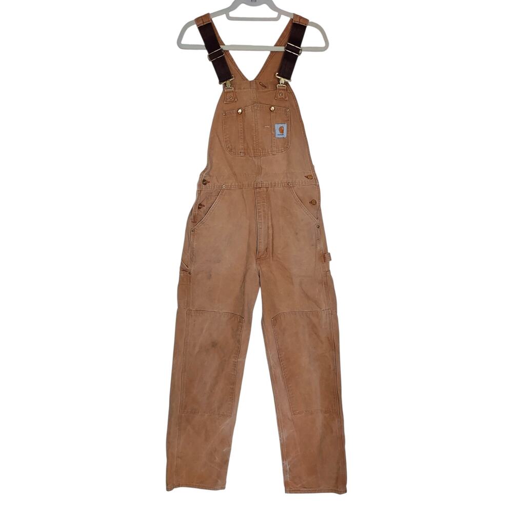 Vintage Carhartt Firm Duck Men's Double Knee Bib Overalls Workwear Brwn Sz 32X36